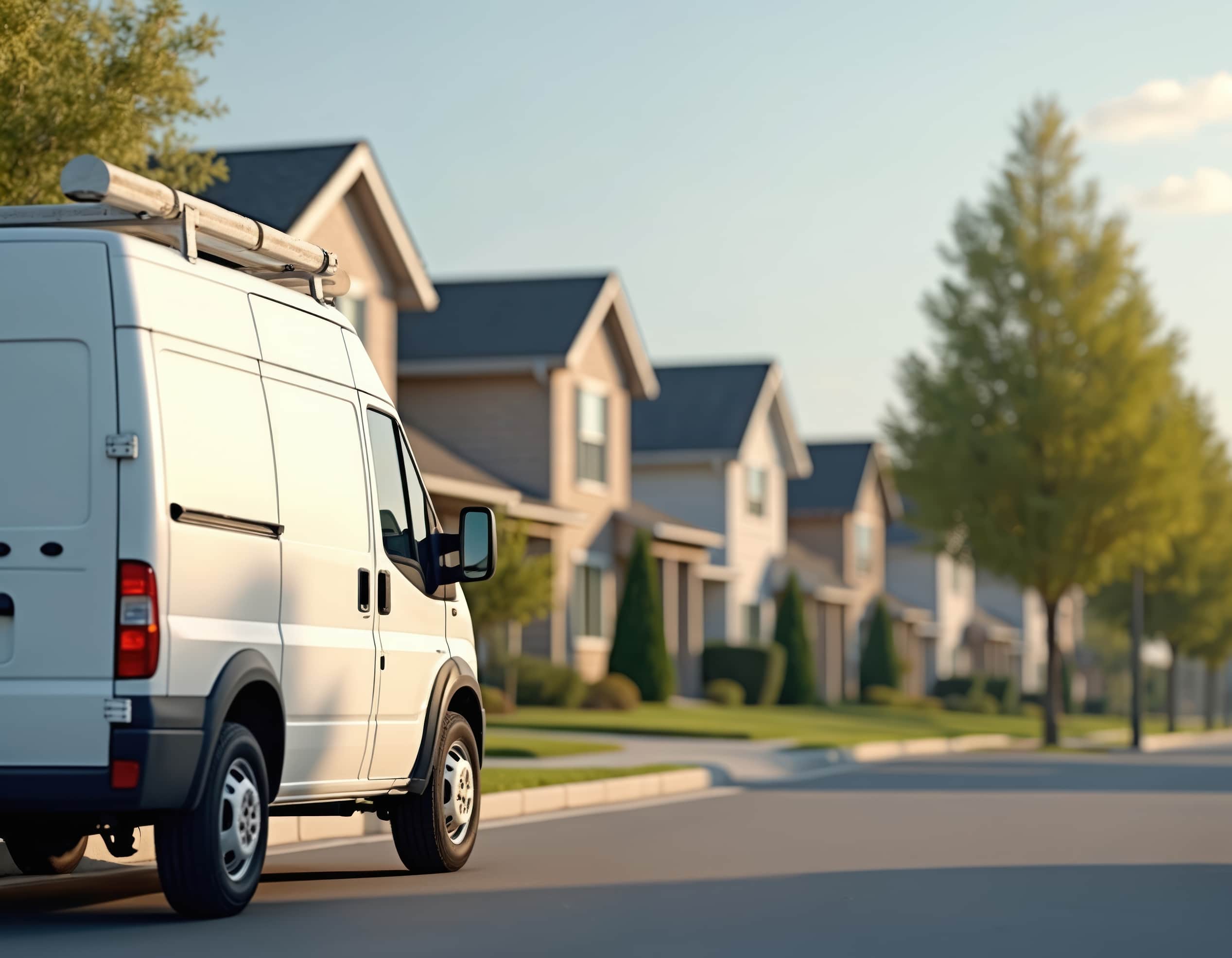 White van on suburban street with houses
