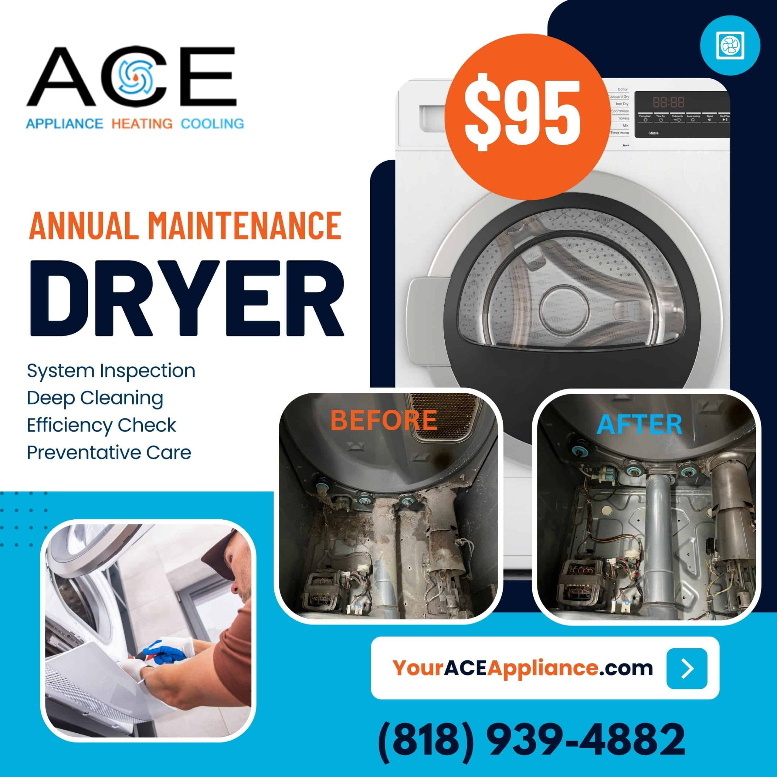 Dryer maintenance services, before and after comparison.
