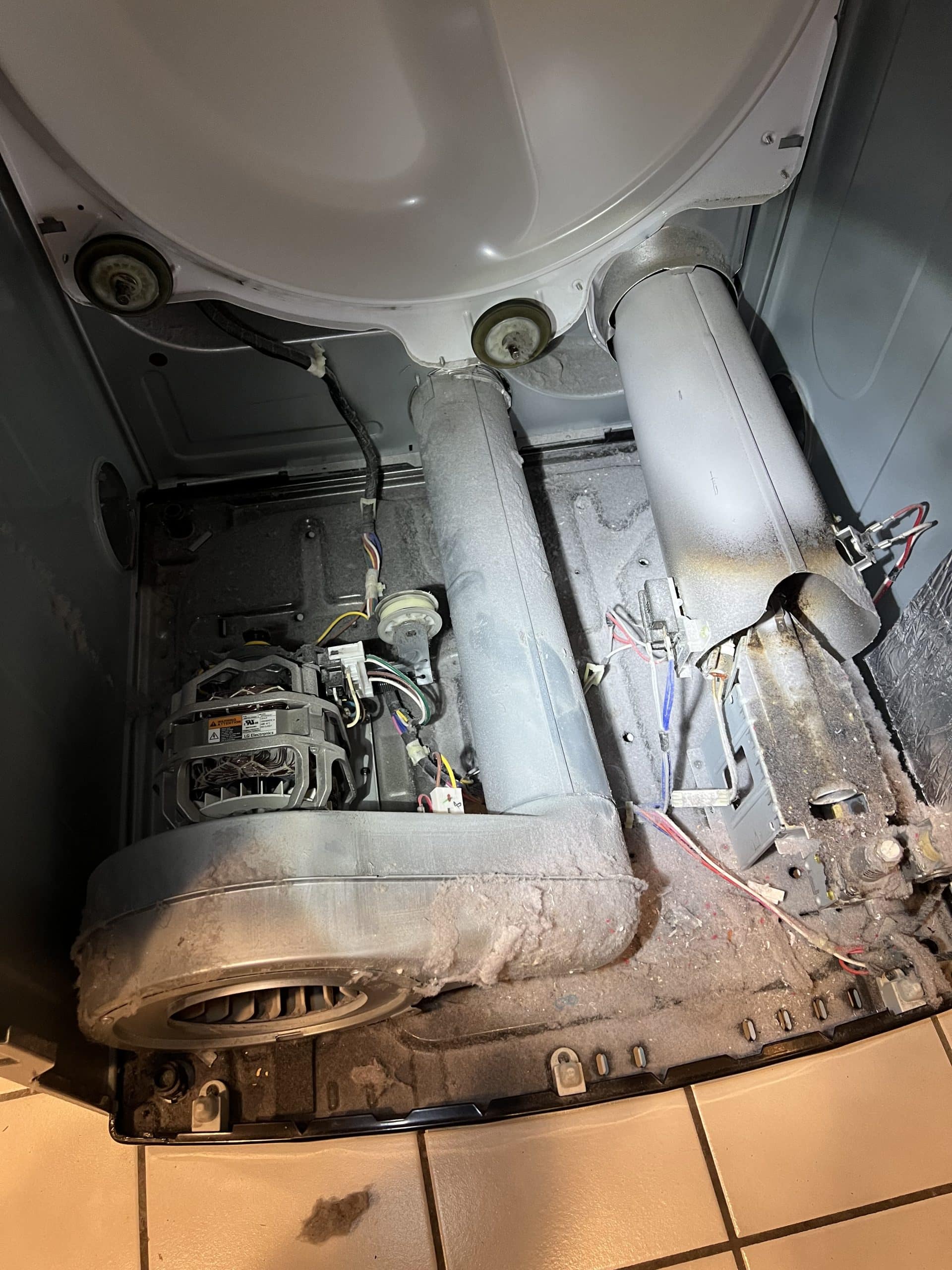 Inside view of dusty dryer components.