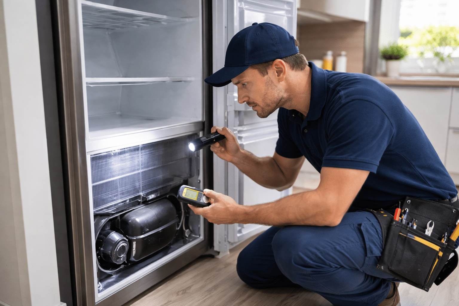 Technician inspecting refrigerator with flashlight and tool.