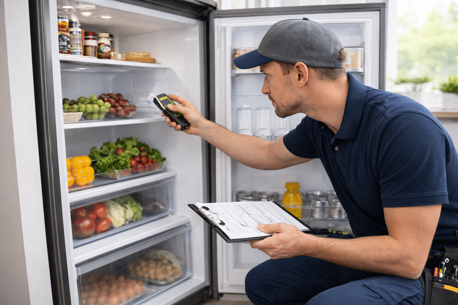 Inspector checking refrigerator temperature with digital thermometer.