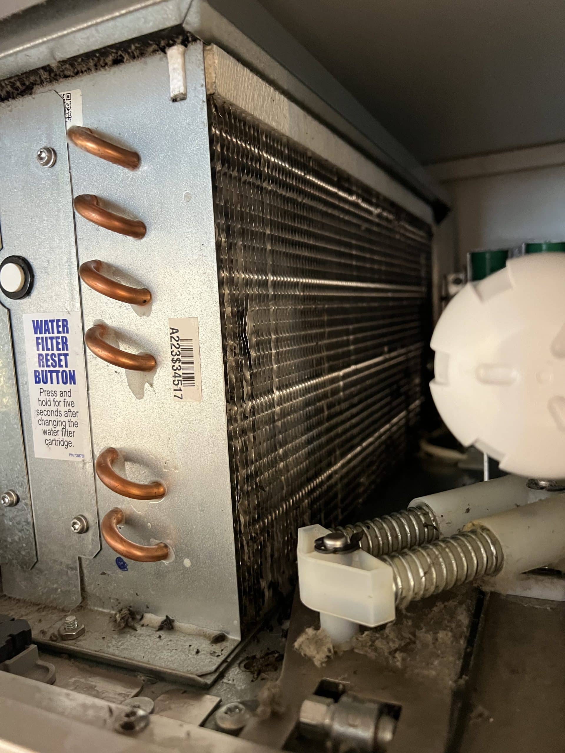 Close-up of dusty refrigerator coils and water filter reset button.